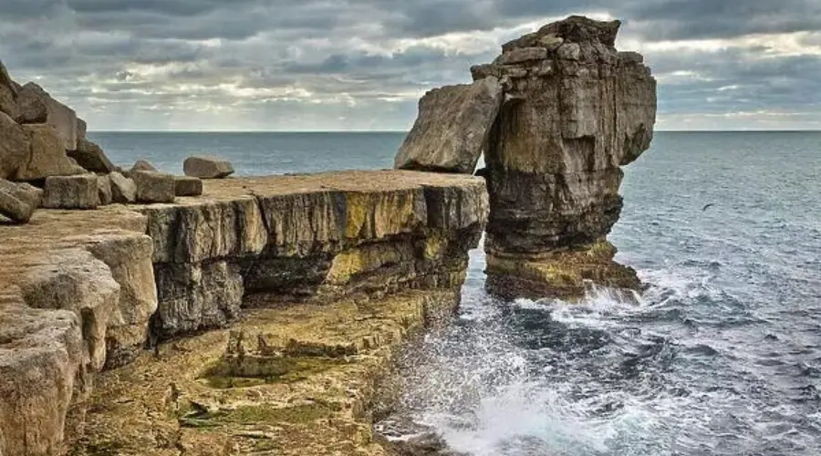 Pulpit Rock, a quarrying remnant, is a notable coastal Dorset landmark