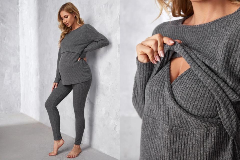 SHEIN Maternity Lift-Up Rib-Knit Nursing Top & Leggings PJ Set