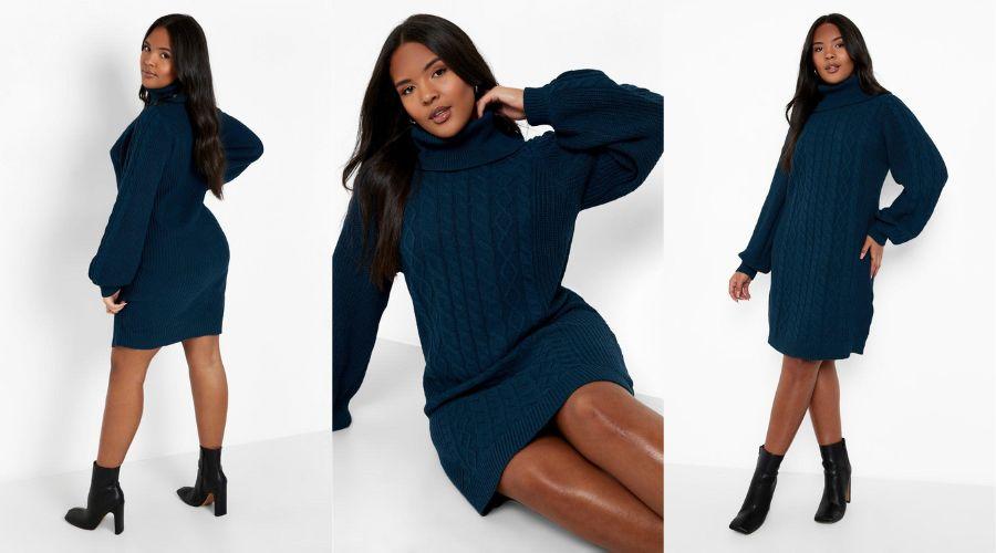 Teal Plus Recycled Cable Knit Jumper Dress