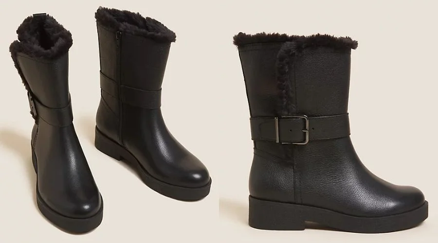 Ankle Boots Wide Fit Leather Faux Fur Trim 