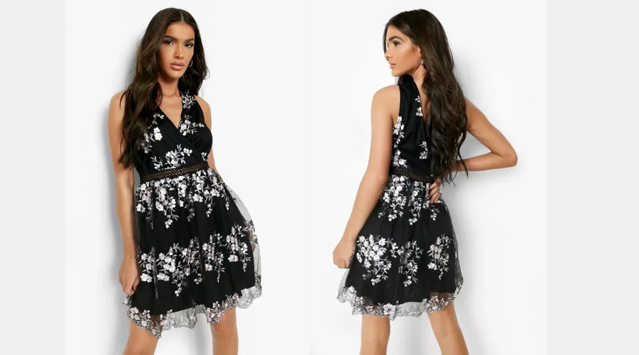 Boohoo occasion floral embroidery wrap skater dress