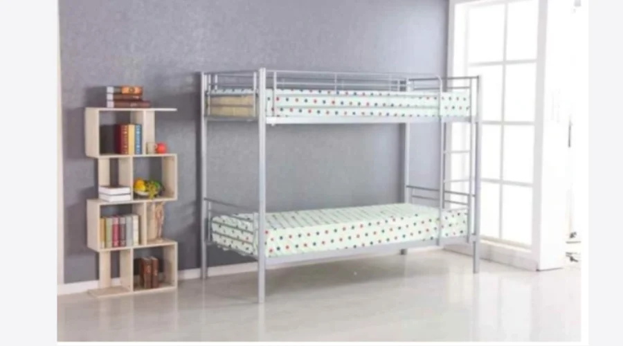 Gray metal double bunk bed
