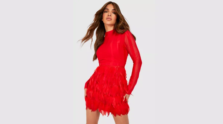 High neck feather skirt mini party dress