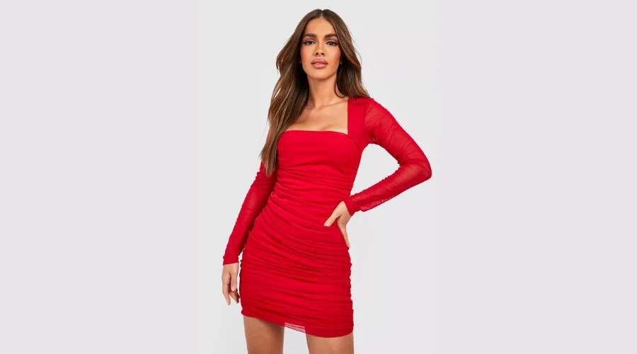 Square neck ruched mesh bodycon dress