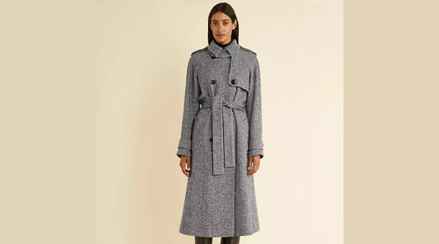 Herringbone Belted Overcoat for Women with Wool