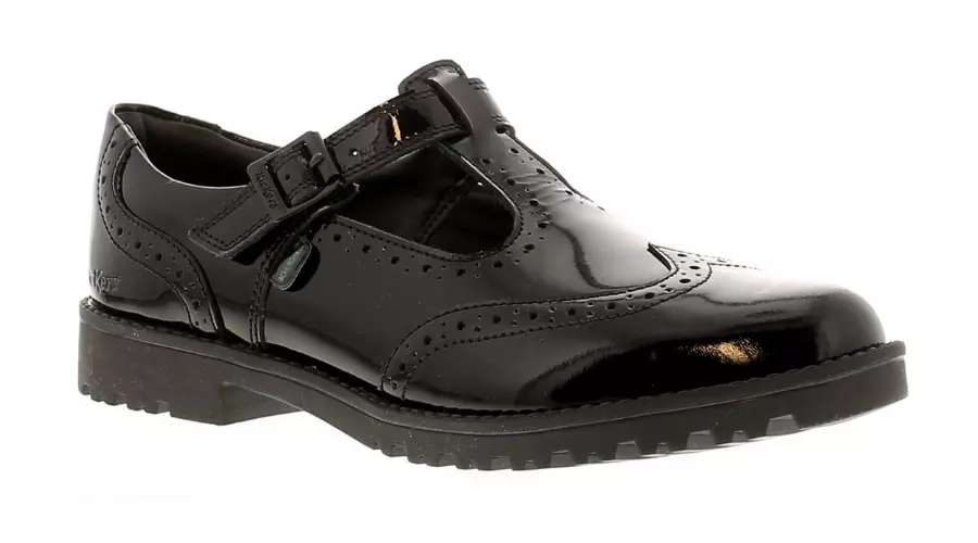 Kickers lachly brogue t-bar girls school leather shoes black patent