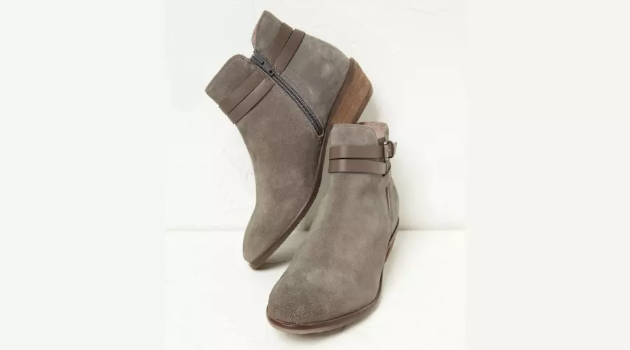 Leather Buckle Block Heel Grey Ankle Boots