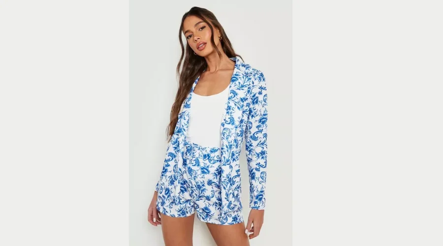 Porcelain Print Blazer & Belted Shorts Set 