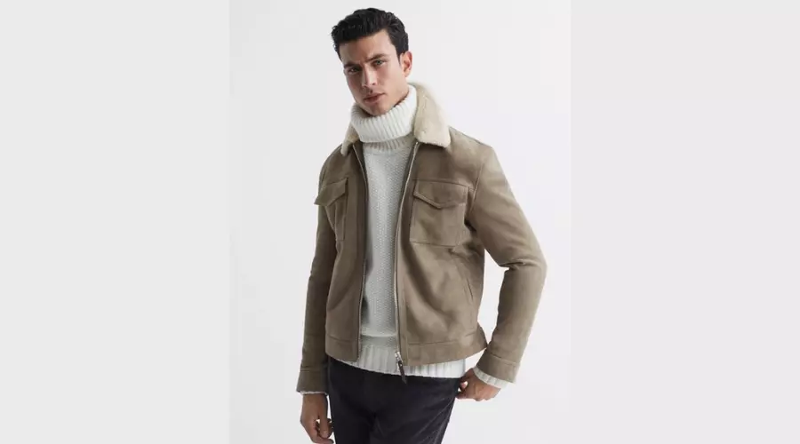 Shearling Slim Fit Suede Zip-Through Jacket in Sage