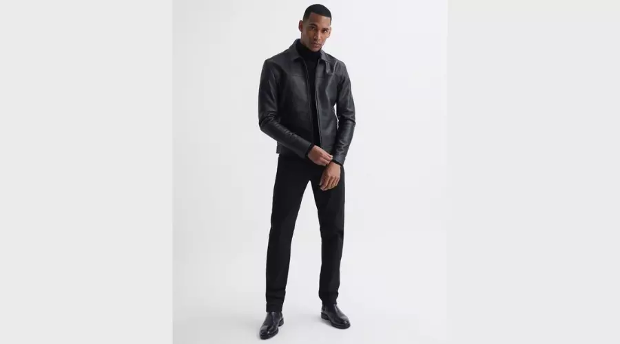 Zip through Leather Jacket in Black