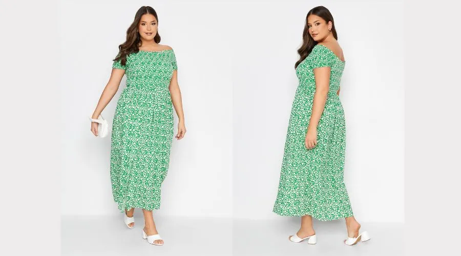 Yours Curve Green Floral Shirred Bardot Maxi Dress