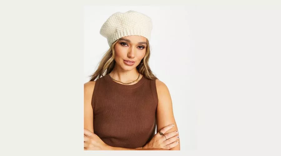 ASOS DESIGN crochet knit beret in cream-Neutral