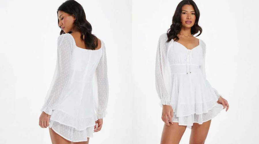 QUIZ White Chiffon Spot Frill Playsuit