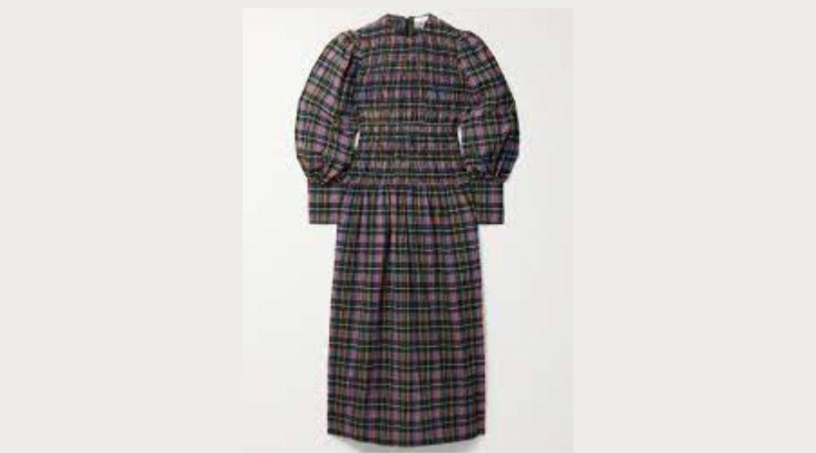 Shirred Checked Cotton-Blend Seersucker Midi Dress by GANNI