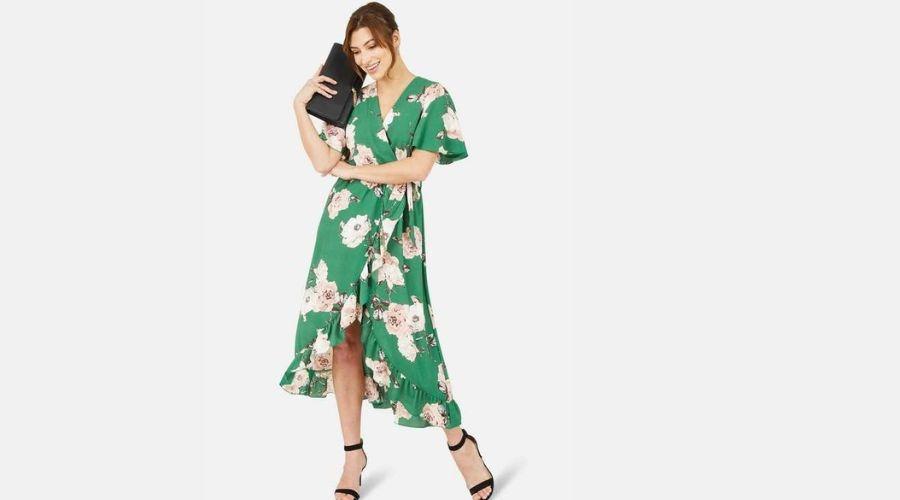 Mela Green Floral Frill Midi Wrap Dress