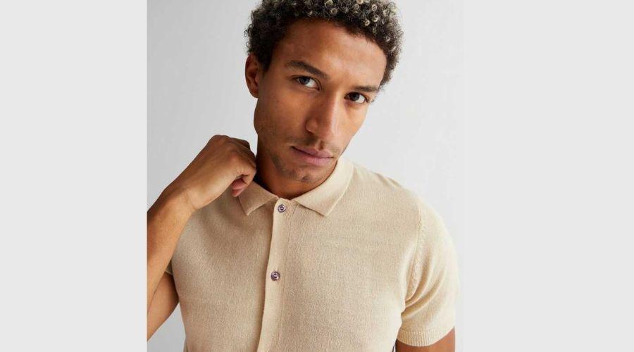 Cream Soft Fine Knit Short Sleeve Button Polo Shirt