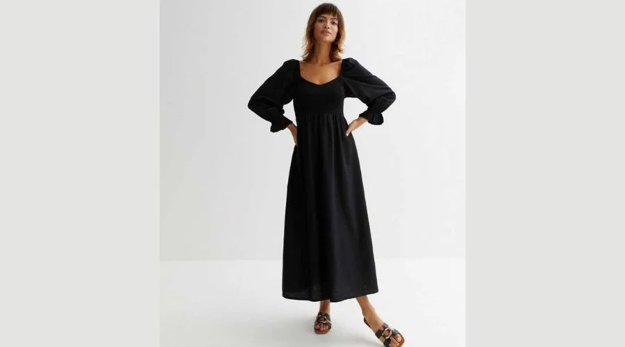 Black Shirred Long Sleeve Midi Dress
