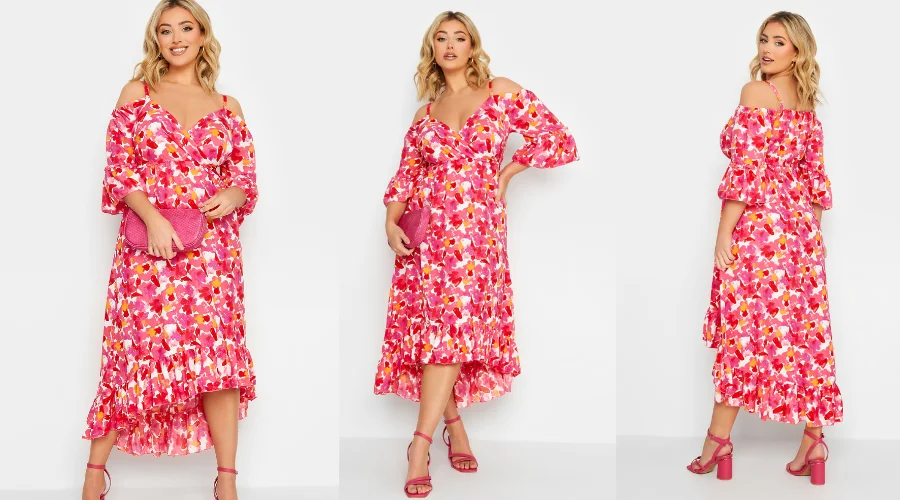 Yours Curve Pink Floral Cold Shoulder Midaxi Dress