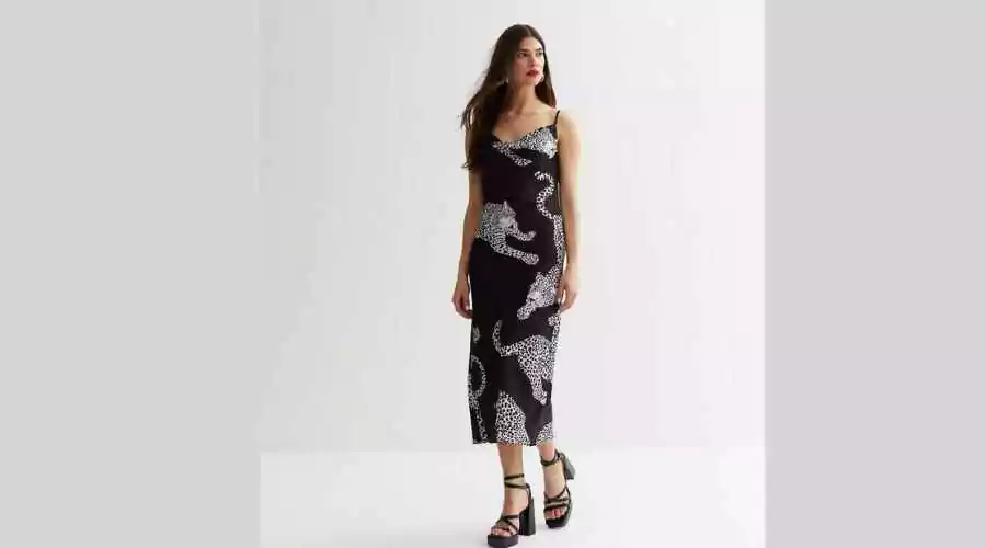 Black Leopard Print Satin Cowl Neck Midi Slip Dress