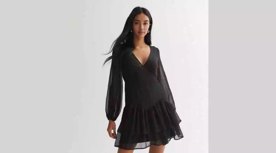 Black Chiffon Long Sleeve Tiered Mini Dress