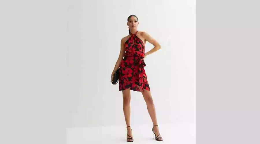 New today Red Floral Halter Neck Mini Dress