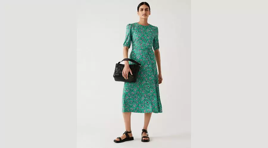 Jersey Printed Belted Midi Tea Dress