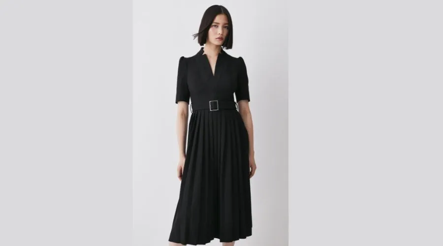 Black Crepe Forever Pleat Belted Midi Dress