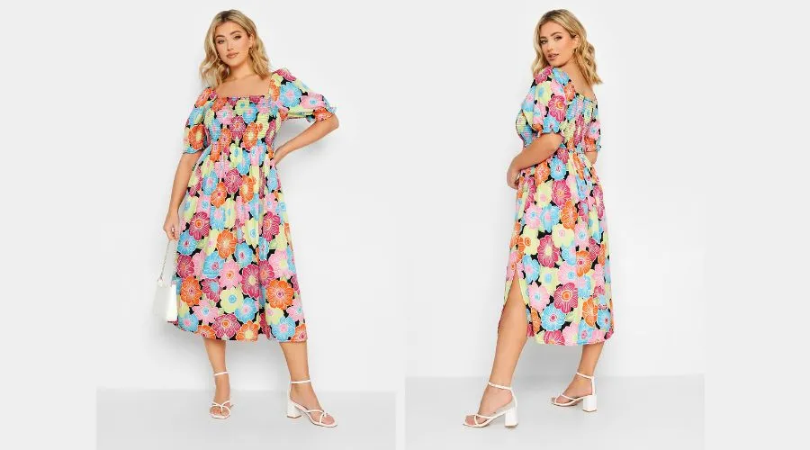 Floral print shirred maxi dress