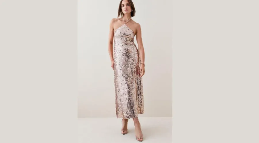 Liquid Sequin Woven Halter Dress