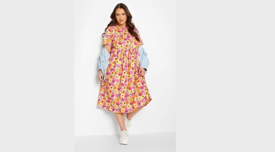 Curve Pink & Yellow Floral Midi Smock Dress