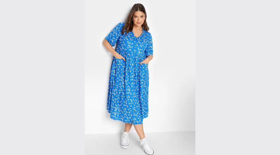 Your curve blue daisy prints smock dress