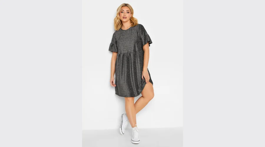 Your curve grey glitter frill sleeve smock dress