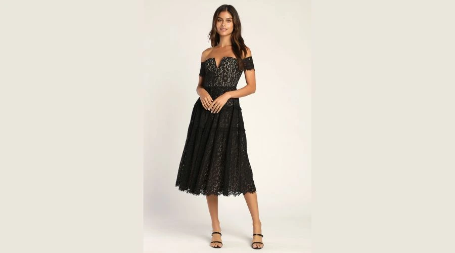 Black Lace Off-the-Shoulder Midi Dress
