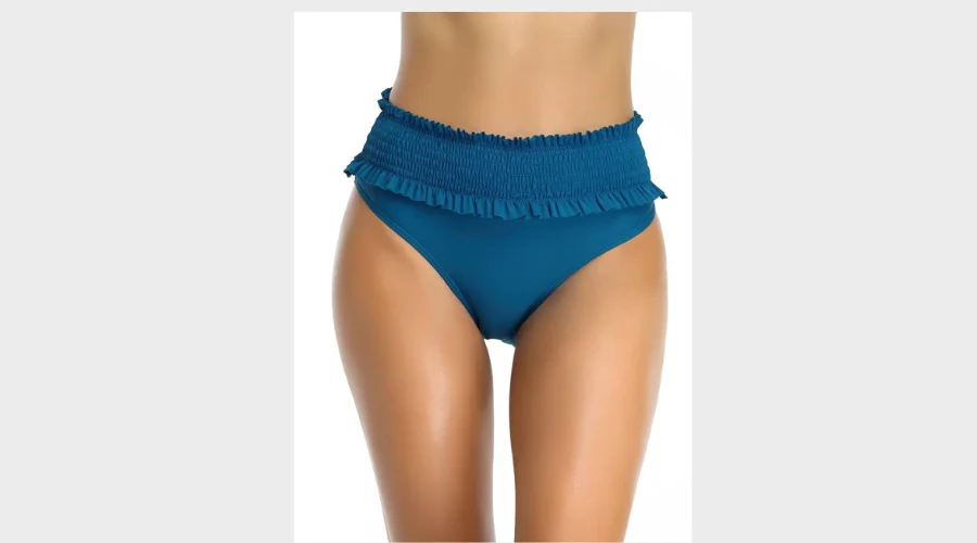 Lettuce Trim Ruched Bikini Bottom, High Waist High Cut Solid Color High-Stretch Beachwear Bottom, Women's Swimwear & Clothing