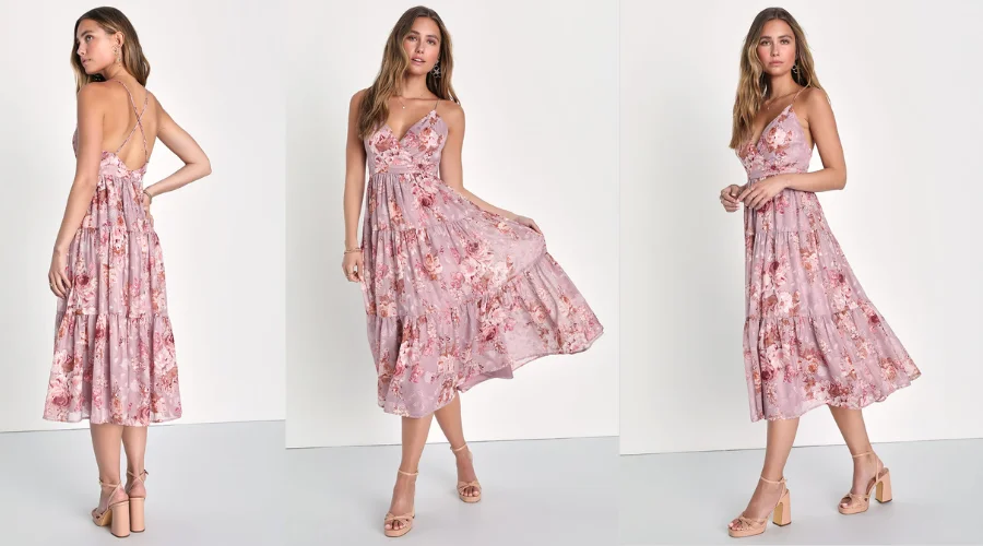 Lovely Energy Mauve Floral Print Tiered Backless Midi Dress