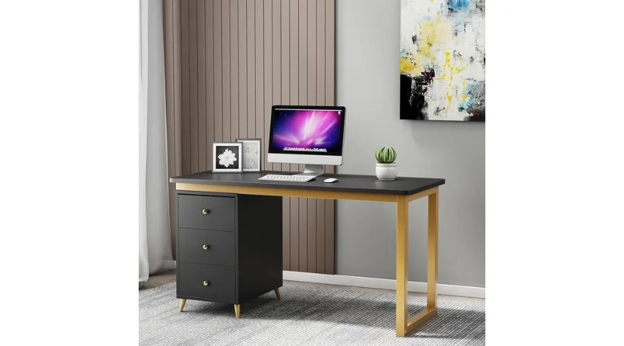 Modern 55 Black Wooden Home Office Writing Desk with Drawers in Gold 