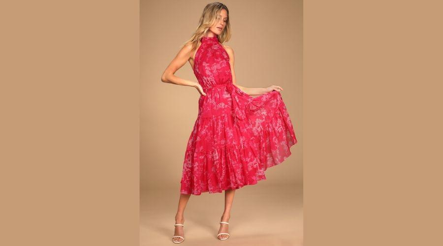 Pink Floral Print Halter-Neck Tiered Midi Dress
