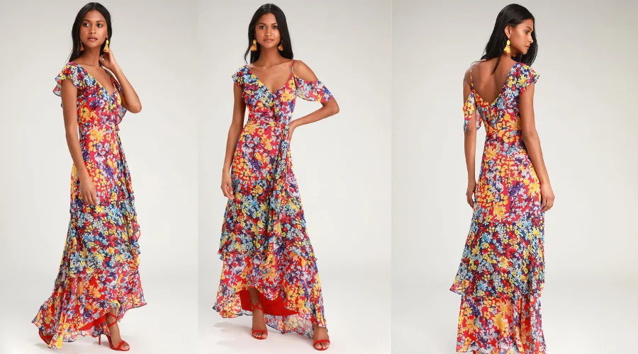 Radiant Ruby Red Floral Print Maxi Dress