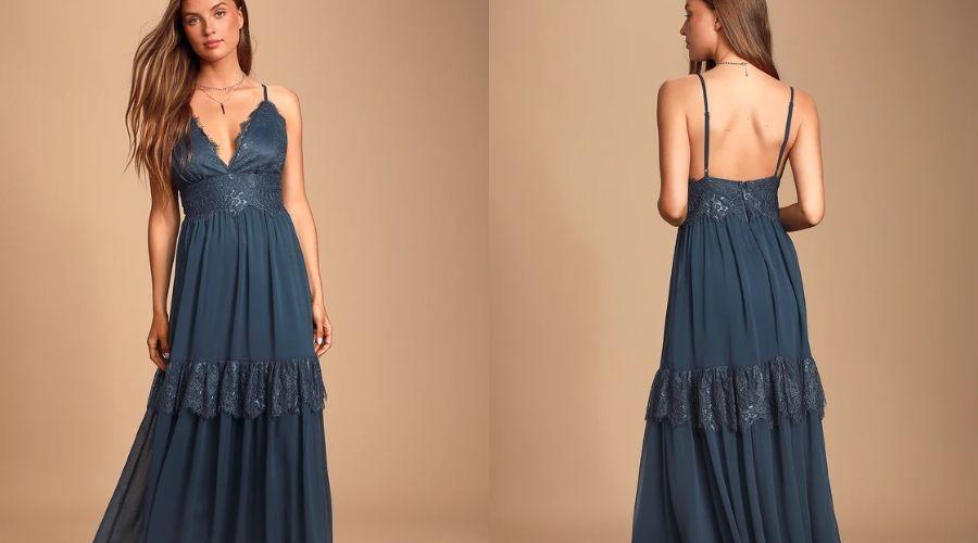 The Dream Comes True Navy Blue Lace Maxi Dress