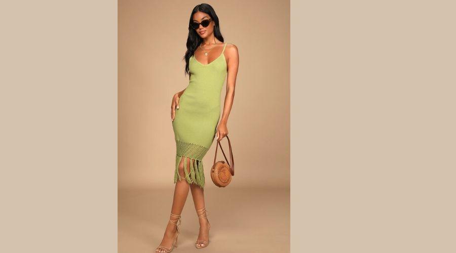 Sunny Festival Light Green Ribbed Knit Fringe Midi Dress 