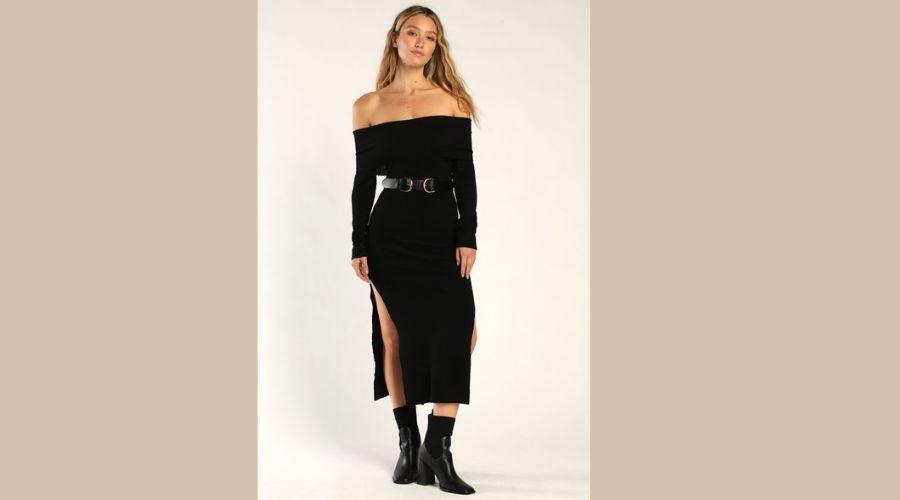 Good For Me Black Ribbed Off-the-Shoulder Maxi Sweater Dress 