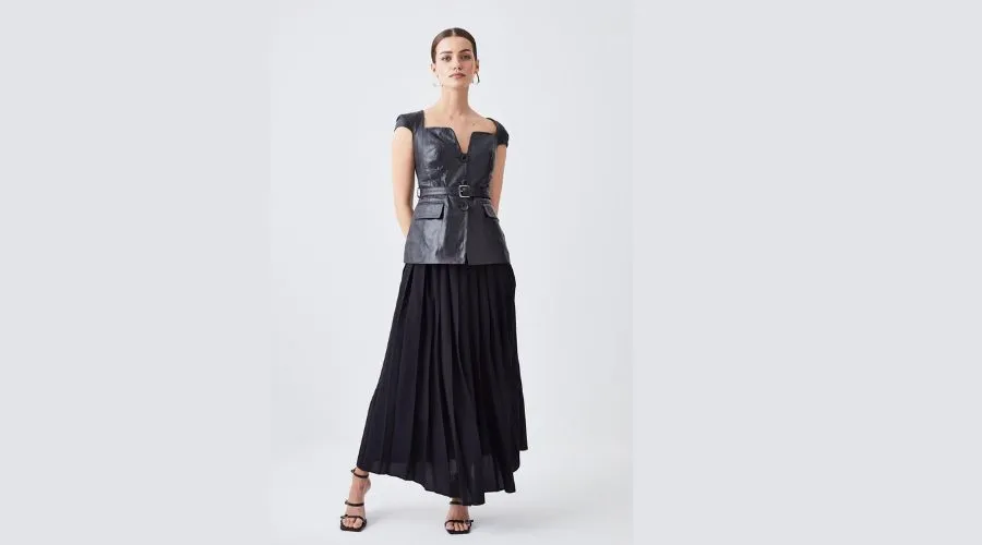 Leather Belted Pleat Skirt Midi Dress