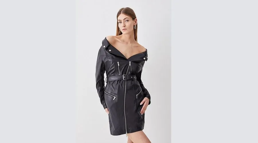 Leather Off The Shoulder Sleeved Biker Mini Dress