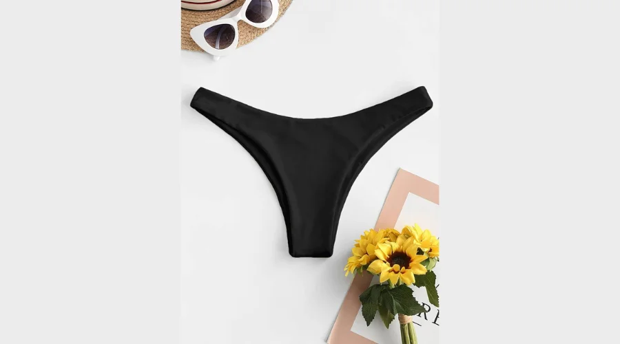 Women's High Cut Thong Swimwear Bottom in Sleek Black - Flattering & Timeless Beachwear