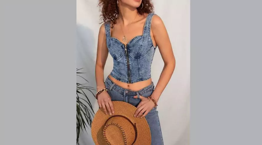 Cute Denim Crop Cami Top, Zip Front Overall Style Cropped Jean Camisole Top, Women's Clothing