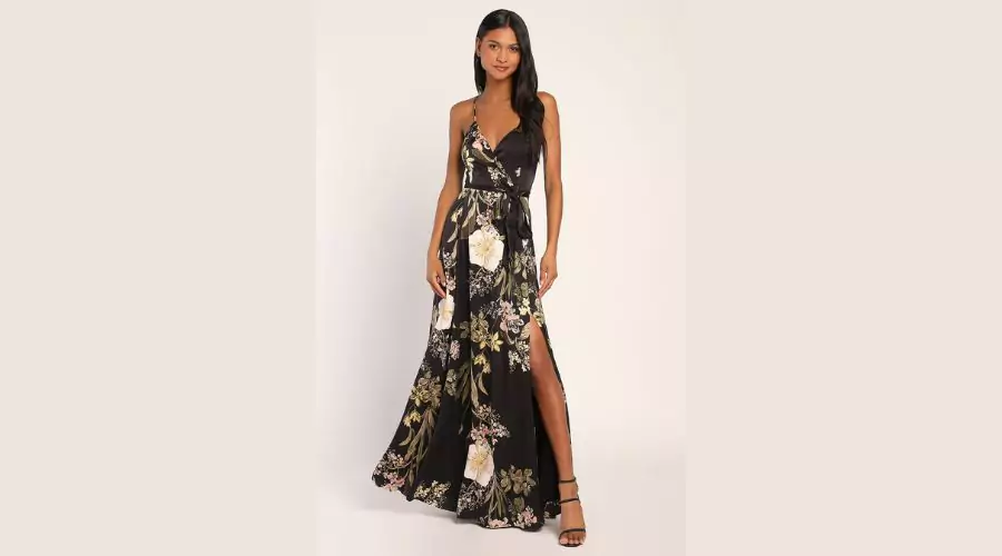 Black Floral Print Satin Maxi Dress