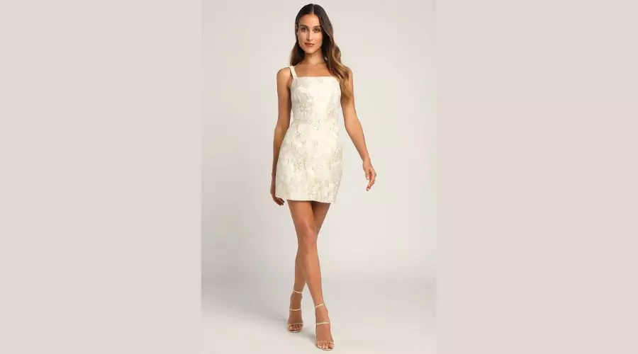 Cream Metallic Tropical Jacquard Mini Dress