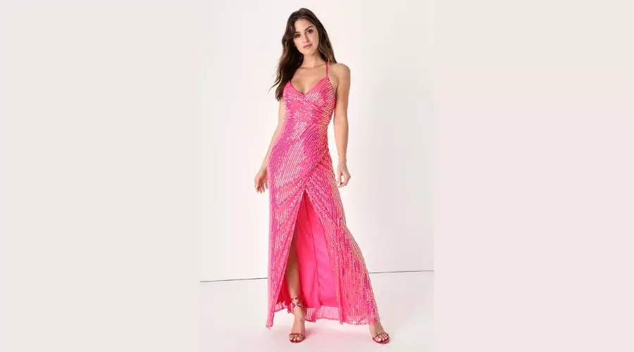Pink Iridescent Sequin Lace-Up Maxi Dress