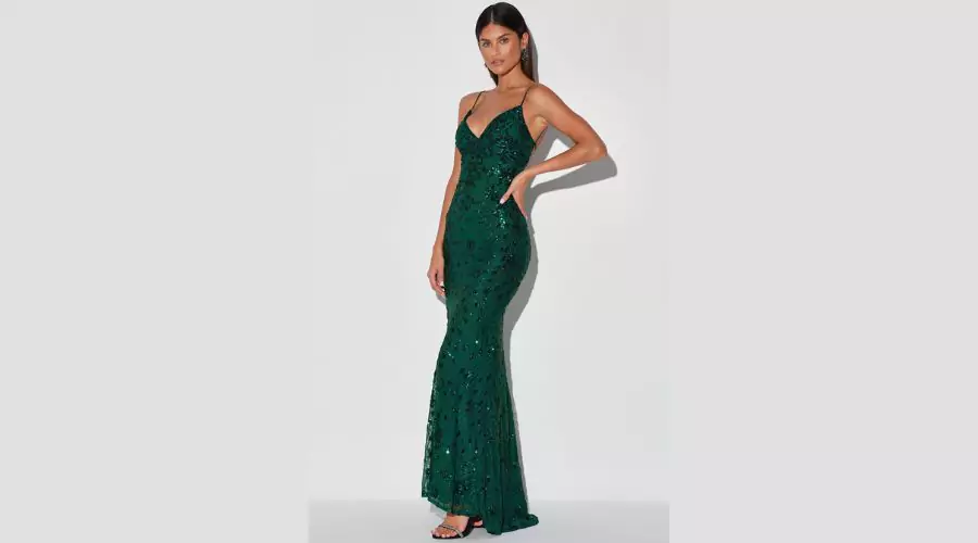 Forest Green Sequin Lace-Up Maxi Dress 