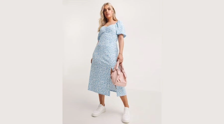 Blue Print Ruched Front Waffle Dress (midi)